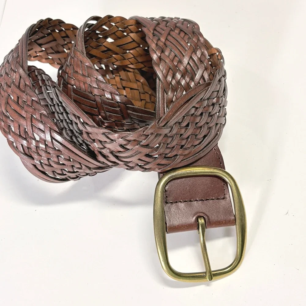 Womens Brown Braided Woven Leather Belt Large Brass Buckle Boho Western Classic
